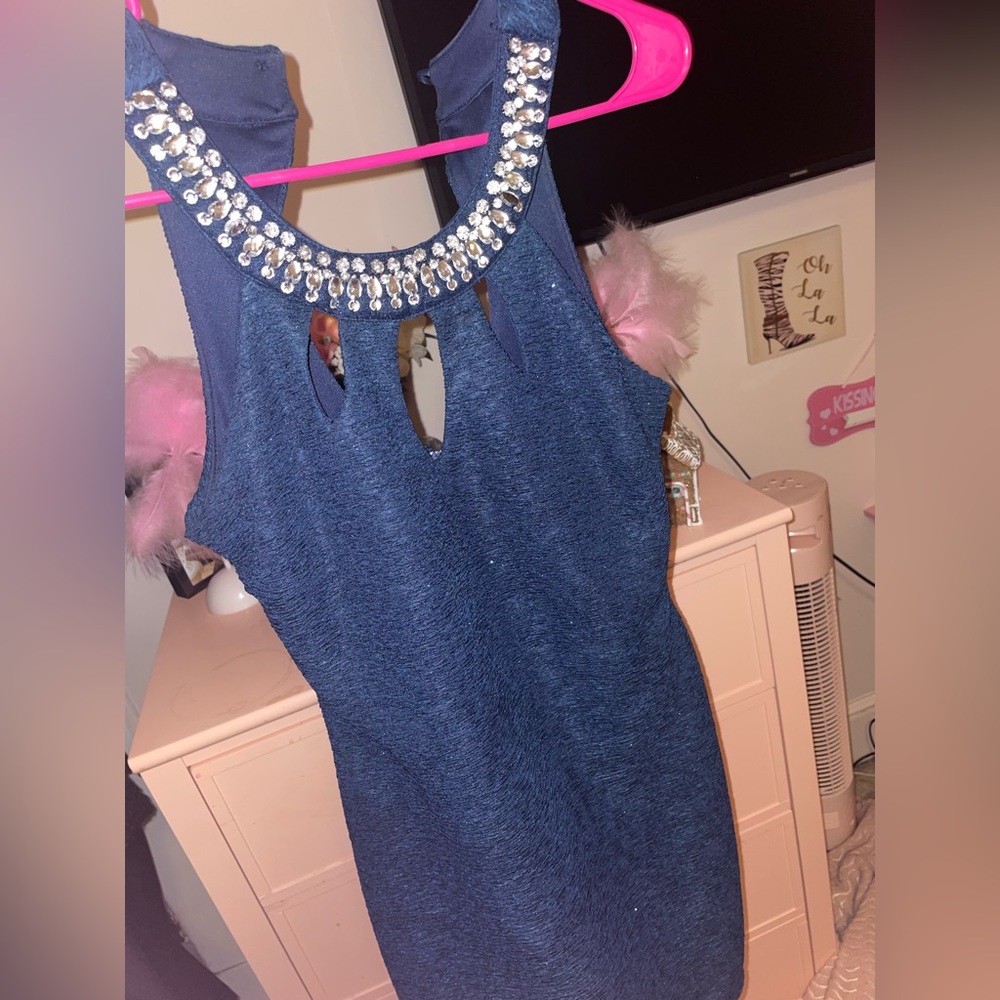 Beautiful blue dress with rhinestone neck!
